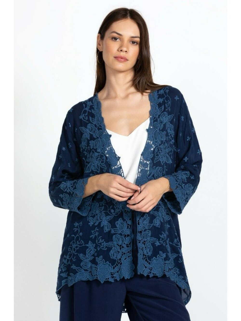 $375 JOHNNY WAS Traci Kimono Blue Night Large Embroidered Lace Open Front Rayon